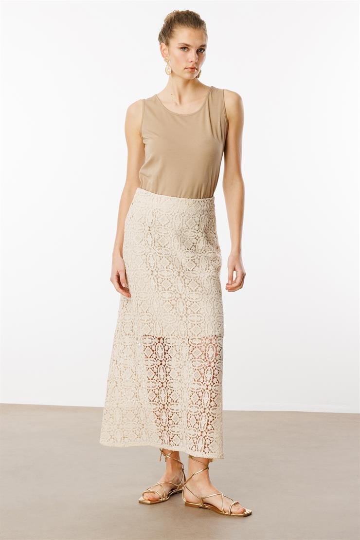 Modailgi  Yüksek Bel Güpür Dantelli Etek Orijinal