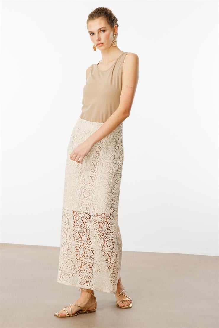 Modailgi  Yüksek Bel Güpür Dantelli Etek Orijinal