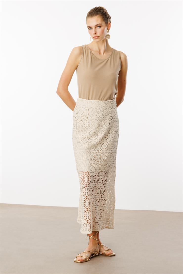 Modailgi  Yüksek Bel Güpür Dantelli Etek Orijinal