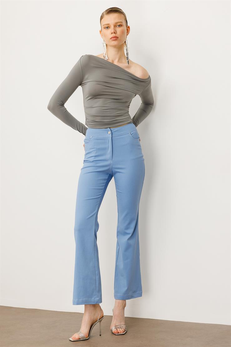 Modailgi  Yüksek Bel İspanyol Paça Spor Dikişli Pantolon - 75201 Mavi