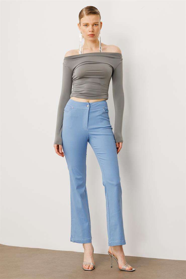 Modailgi  Yüksek Bel İspanyol Paça Spor Dikişli Pantolon - 75201 Mavi