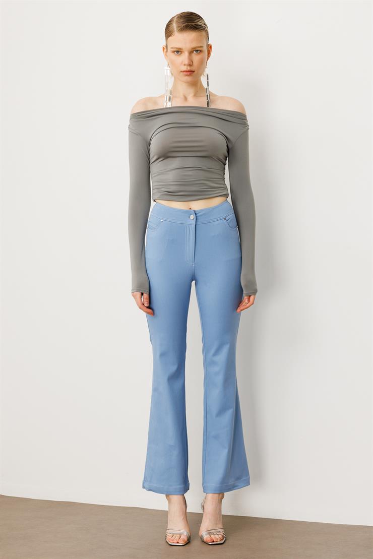 Modailgi  Yüksek Bel İspanyol Paça Spor Dikişli Pantolon - 75201 Mavi