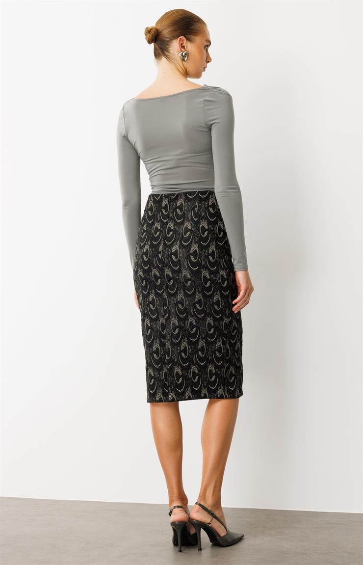 Modailgi  Yüksek Bel Kapak Cep Detaylı Diz Altı Küp Etek Gri/Siyah