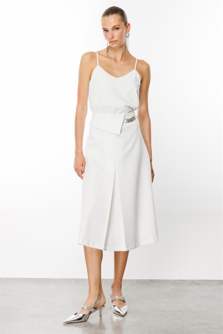 Modailgi  Yüksek Bel Kemeri Tokalı Midi Boy Pilikaşe Etek Ekru