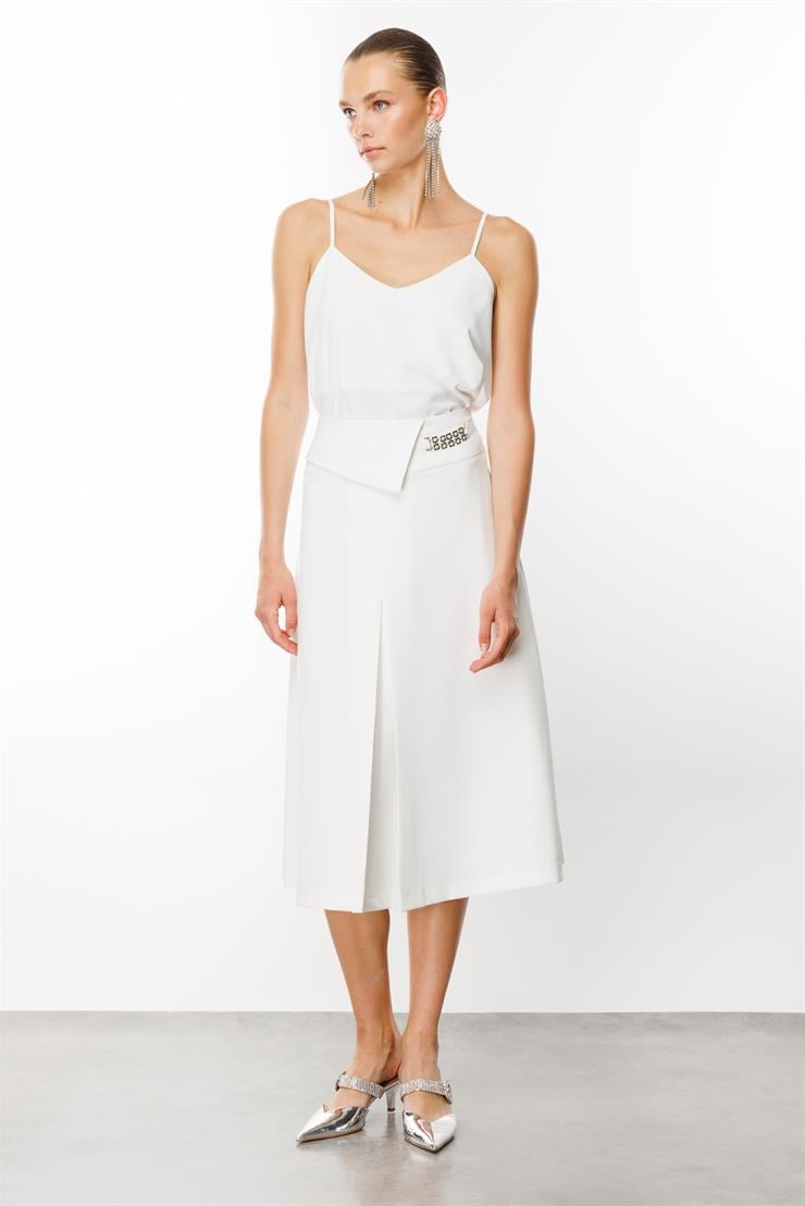 Modailgi  Yüksek Bel Kemeri Tokalı Midi Boy Pilikaşe Etek Ekru