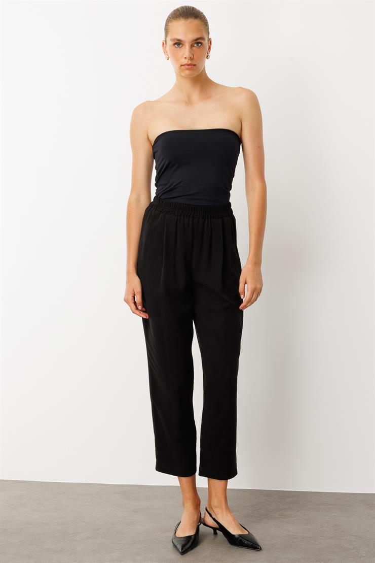 Modailgi  Yüksek Bel Lastikli Yandan Cepli Pileli Pantolon - 15040 Siyah