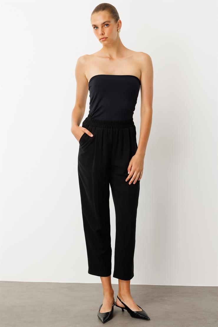 Modailgi  Yüksek Bel Lastikli Yandan Cepli Pileli Pantolon - 15040 Siyah