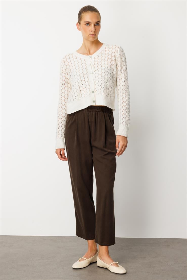 Modailgi  Yüksek Bel Lastikli Yandan Cepli Pileli Pantolon - 15040 Kahve