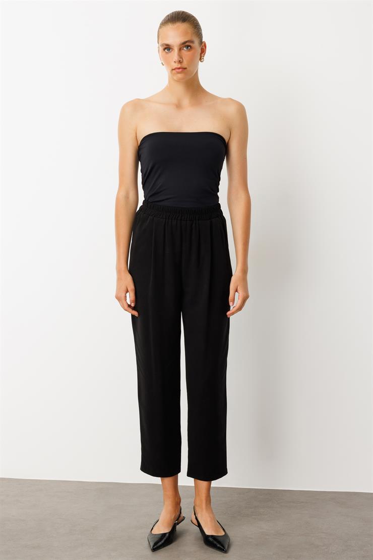 Modailgi  Yüksek Bel Lastikli Yandan Cepli Pileli Pantolon - 15040 Siyah