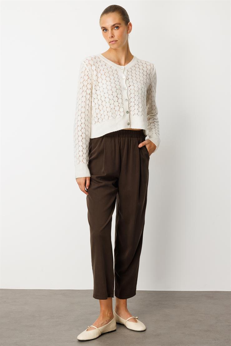 Modailgi  Yüksek Bel Lastikli Yandan Cepli Pileli Pantolon - 15040 Kahve