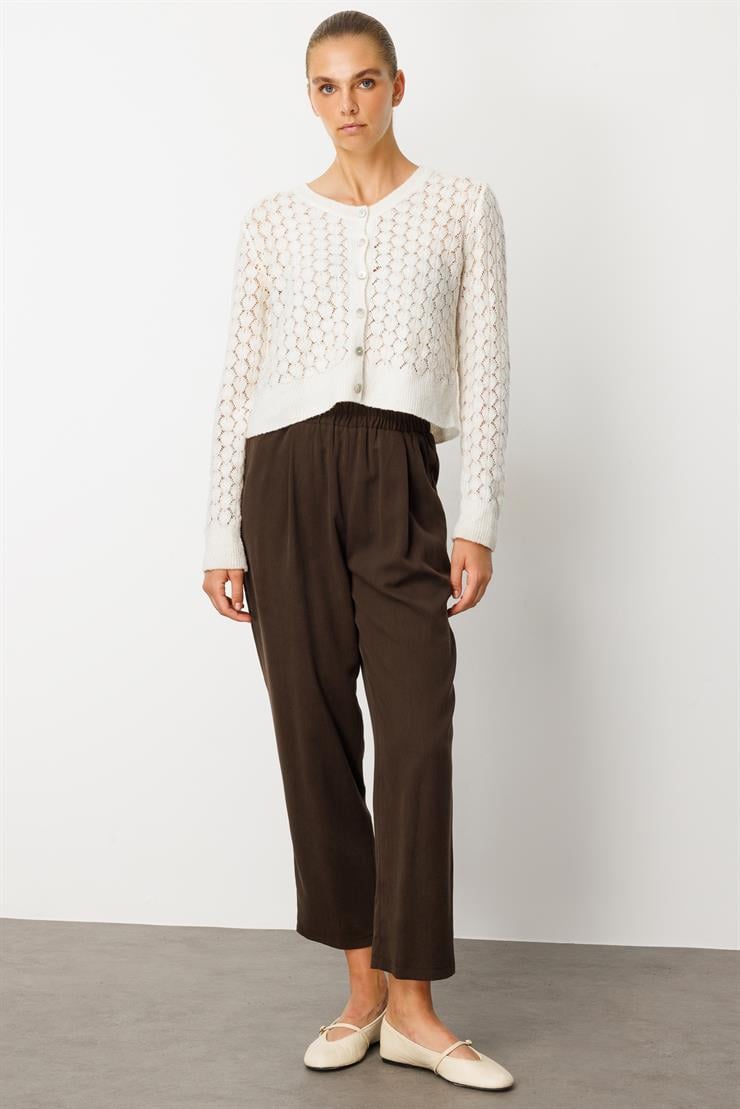 Modailgi  Yüksek Bel Lastikli Yandan Cepli Pileli Pantolon - 15040 Kahve