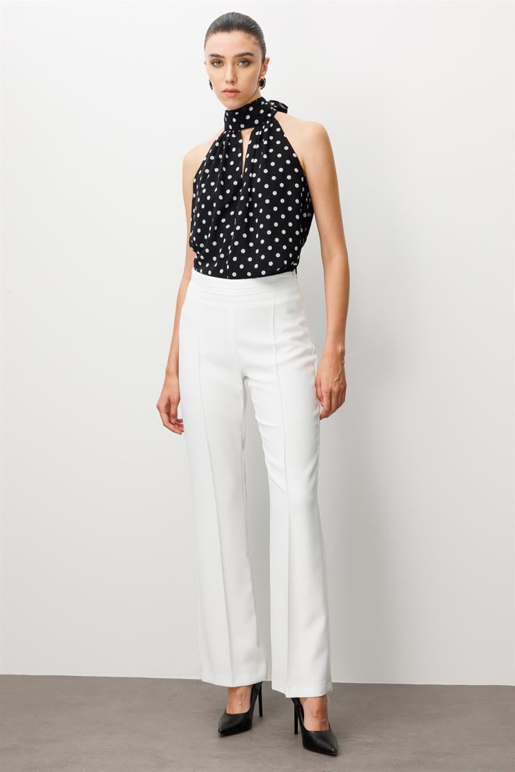 Modailgi  Yüksek Bel Nevrüllü İspanyol Paça Pantolon Ekru