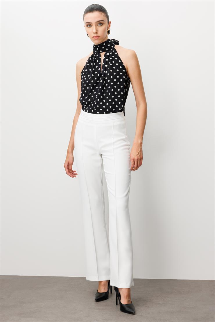 Modailgi  Yüksek Bel Nevrüllü İspanyol Paça Pantolon Ekru