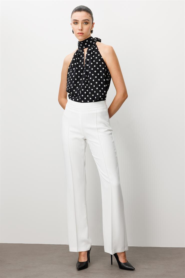 Modailgi  Yüksek Bel Nevrüllü İspanyol Paça Pantolon Ekru