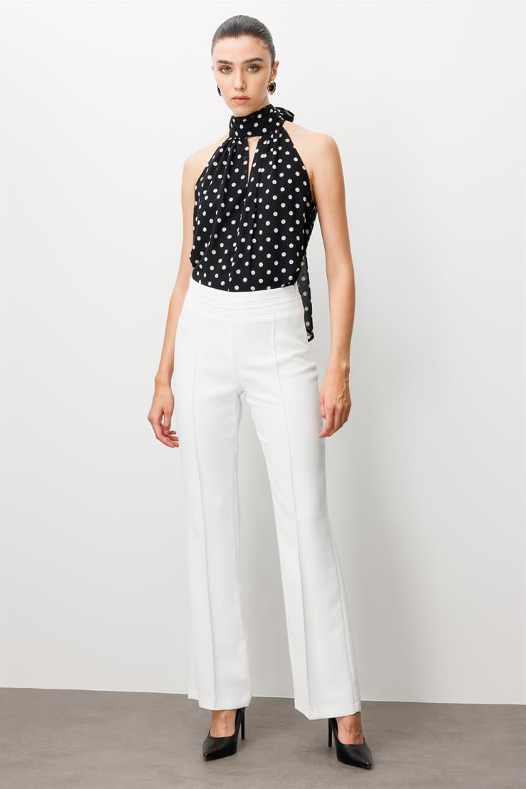 Modailgi  Yüksek Bel Nevrüllü İspanyol Paça Pantolon Ekru