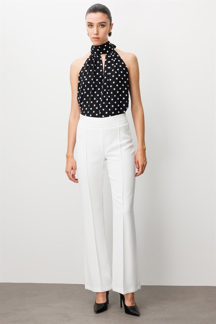 Modailgi  Yüksek Bel Nevrüllü İspanyol Paça Pantolon Ekru