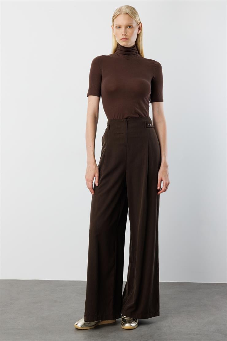 Modailgi  Yüksek Bel Pile Detaylı Beli Bant ve Trok Detaylı Pantolon - 15043 Kahve