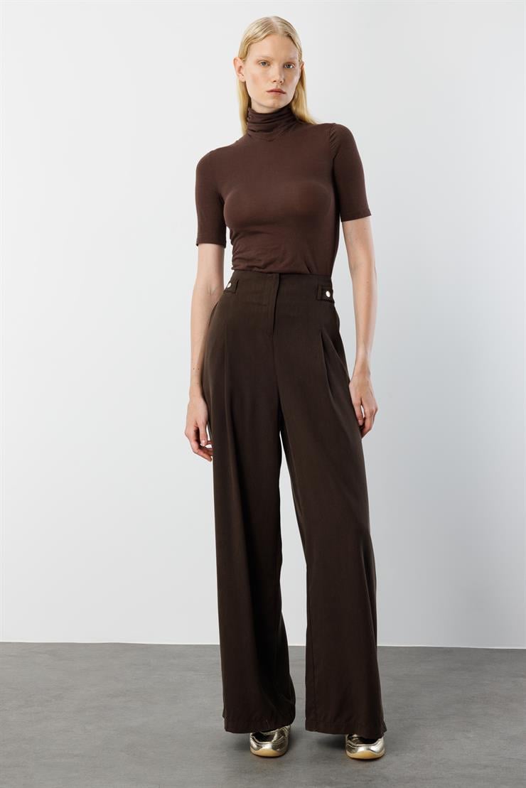 Modailgi  Yüksek Bel Pile Detaylı Beli Bant ve Trok Detaylı Pantolon - 15043 Kahve