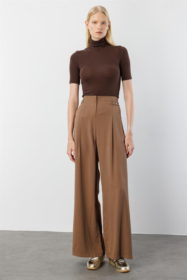 Modailgi  Yüksek Bel Pile Detaylı Beli Bant ve Trok Detaylı Pantolon - 15043 Vizon