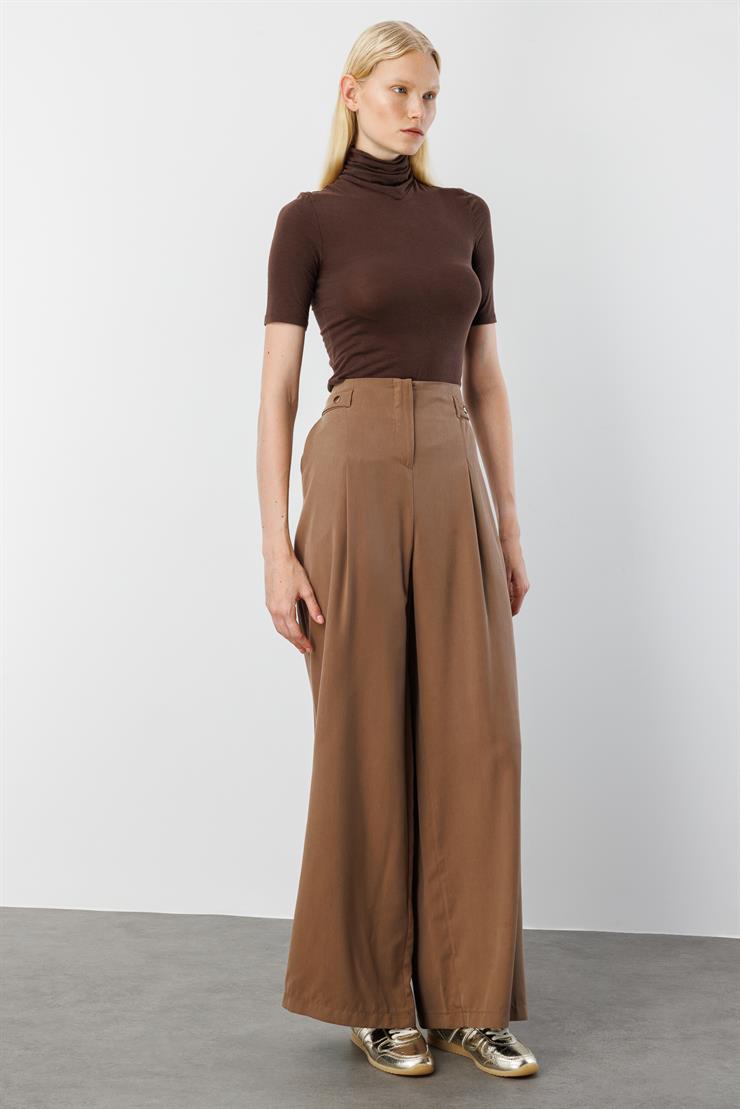 Modailgi  Yüksek Bel Pile Detaylı Beli Bant ve Trok Detaylı Pantolon - 15043 Vizon