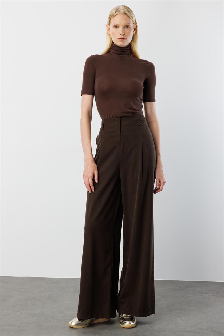 Modailgi  Yüksek Bel Pile Detaylı Beli Bant ve Trok Detaylı Pantolon - 15043 Kahve