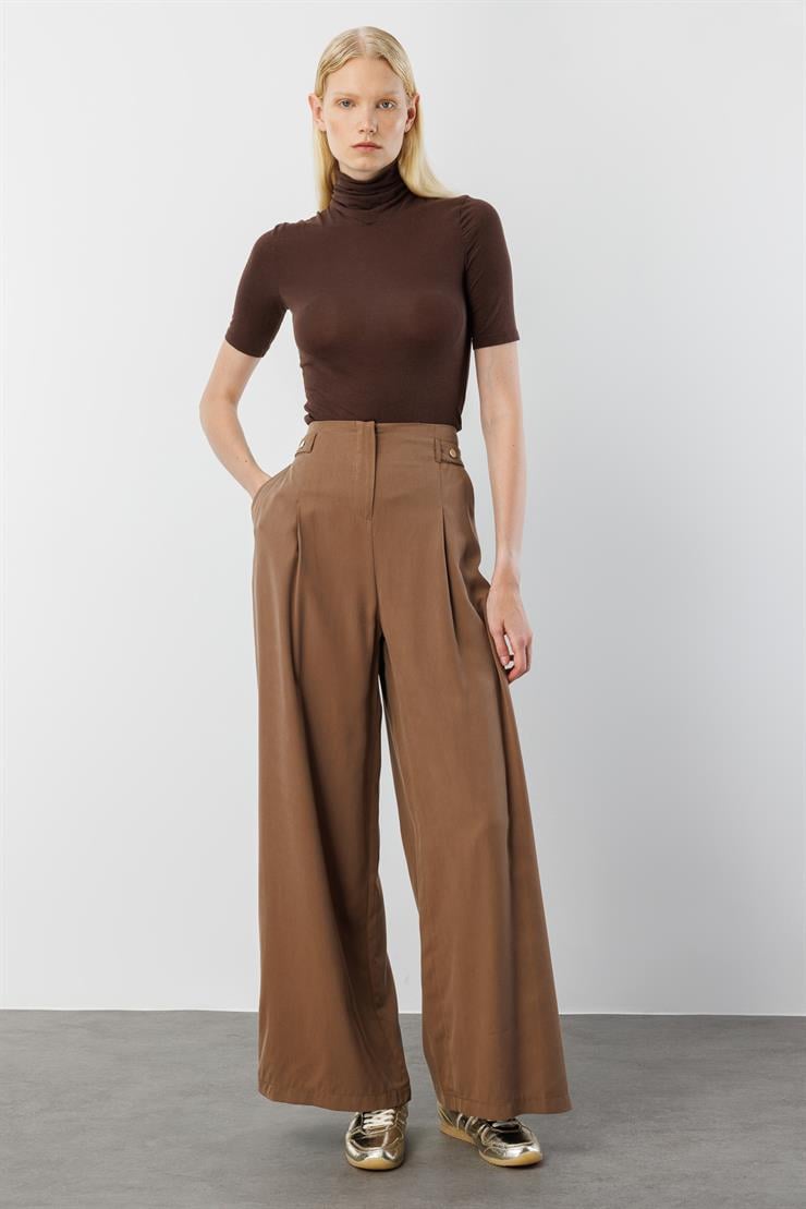 Modailgi  Yüksek Bel Pile Detaylı Beli Bant ve Trok Detaylı Pantolon - 15043 Vizon