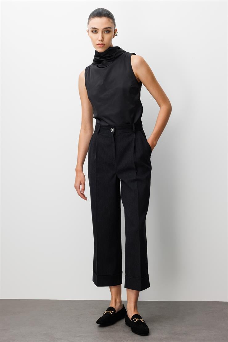 Modailgi  Yüksek Bel Pile Detaylı Duble Paça Rahat Kesim Pantolon - 75013 Siyah