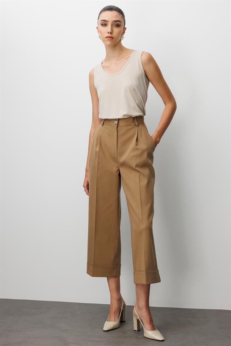 Modailgi  Yüksek Bel Pile Detaylı Duble Paça Rahat Kesim Pantolon - 75013 Camel