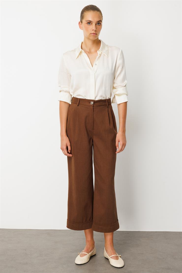 Modailgi  Yüksek Bel Pile Detaylı Duble Paça Rahat Kesim Pantolon - 75013 Kahve