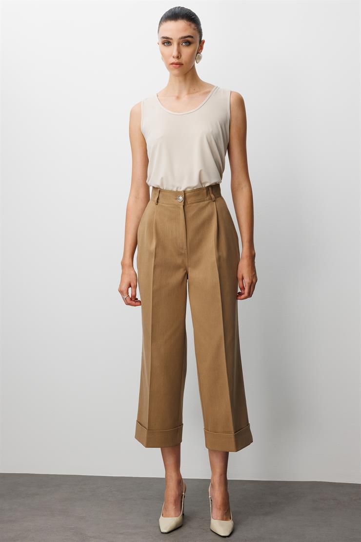 Modailgi  Yüksek Bel Pile Detaylı Duble Paça Rahat Kesim Pantolon - 75013 Camel