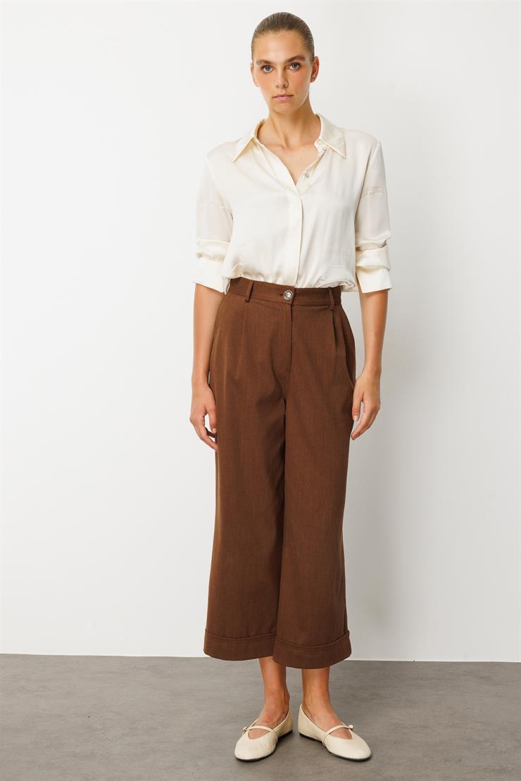 Modailgi  Yüksek Bel Pile Detaylı Duble Paça Rahat Kesim Pantolon - 75013 Kahve