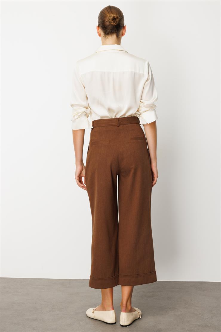 Modailgi  Yüksek Bel Pile Detaylı Duble Paça Rahat Kesim Pantolon - 75013 Kahve