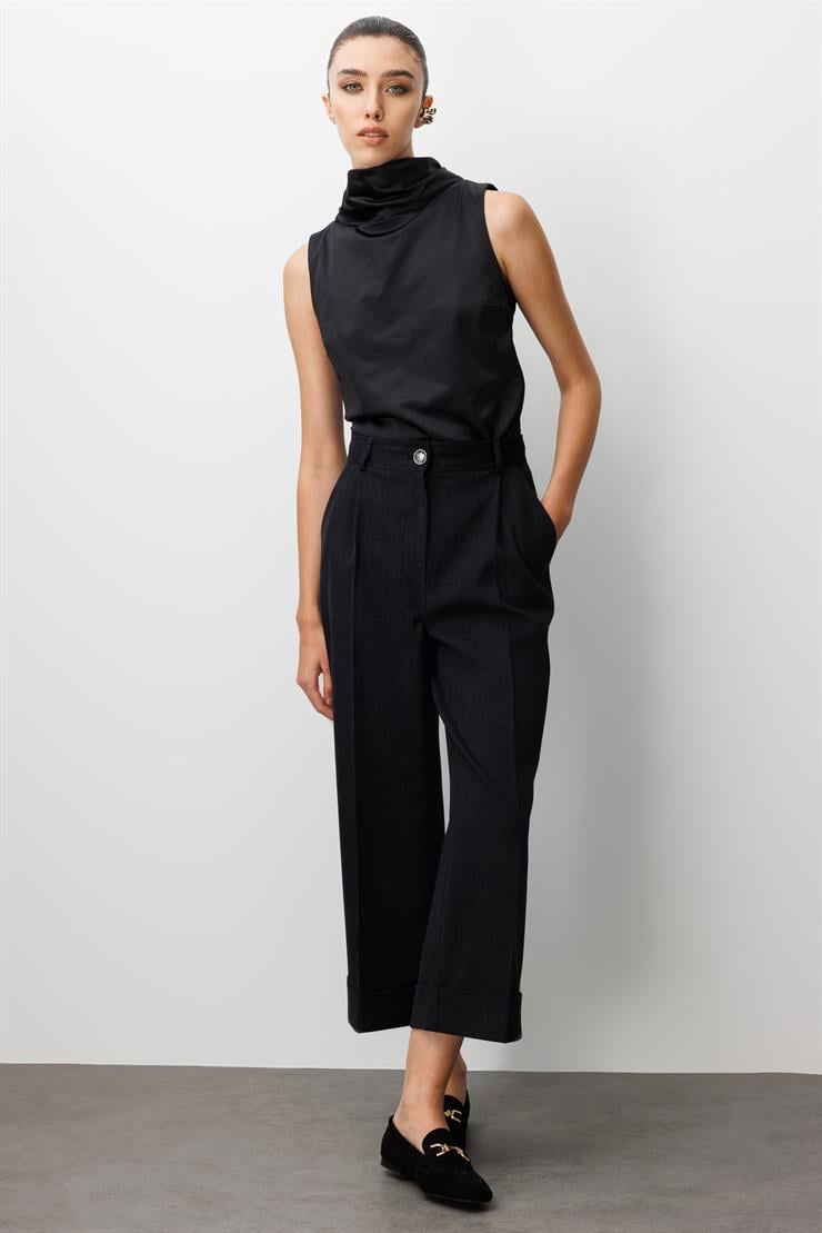 Modailgi  Yüksek Bel Pile Detaylı Duble Paça Rahat Kesim Pantolon - 75013 Siyah