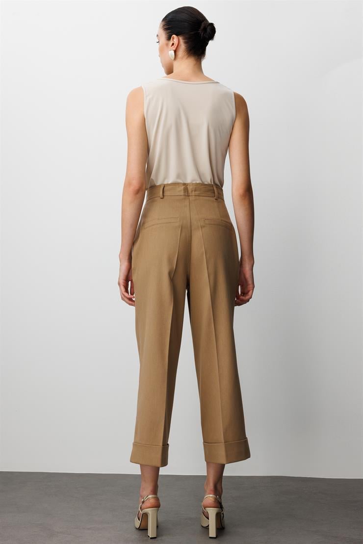 Modailgi  Yüksek Bel Pile Detaylı Duble Paça Rahat Kesim Pantolon - 75013 Camel