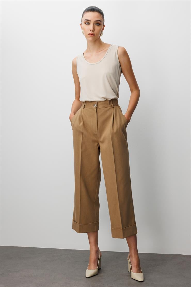 Modailgi  Yüksek Bel Pile Detaylı Duble Paça Rahat Kesim Pantolon - 75013 Camel