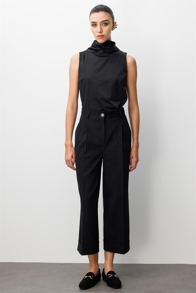 Modailgi  Yüksek Bel Pile Detaylı Duble Paça Rahat Kesim Pantolon - 75013 Siyah