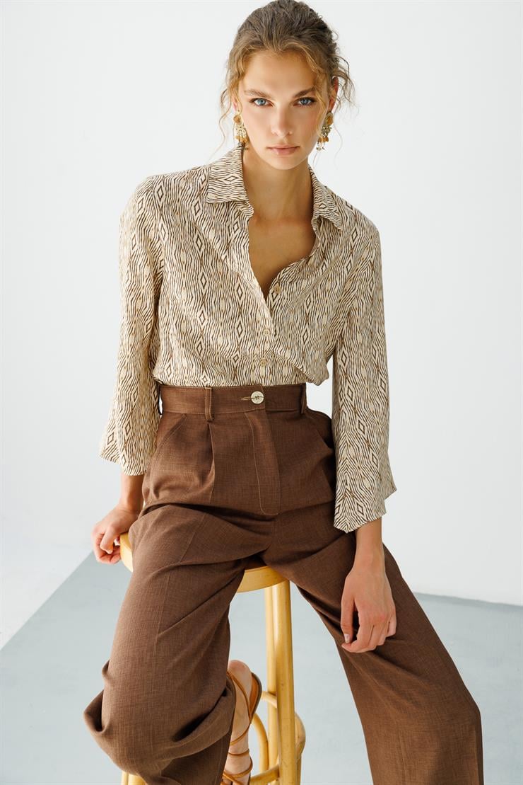 Modailgi  Yüksek Bel Pile Detaylı Palazzo Pantolon - 7914 Kahve