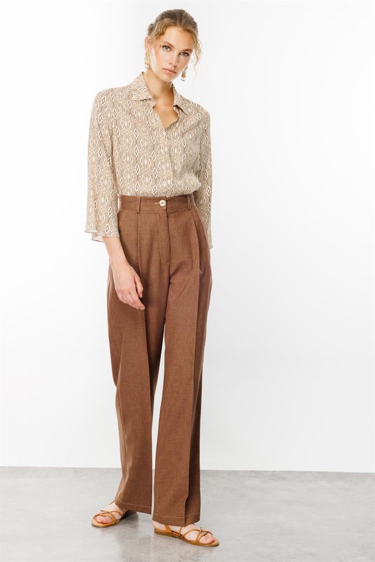 Modailgi  Yüksek Bel Pile Detaylı Palazzo Pantolon - 7914 Kahve