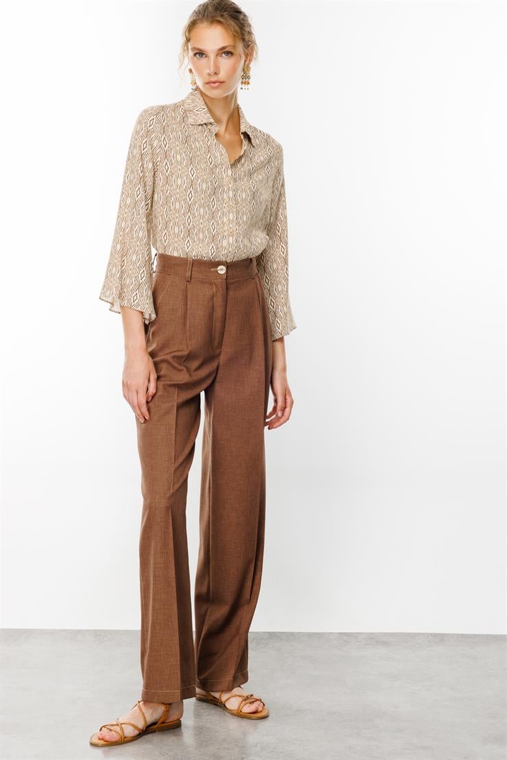 Modailgi  Yüksek Bel Pile Detaylı Palazzo Pantolon - 7914 Kahve