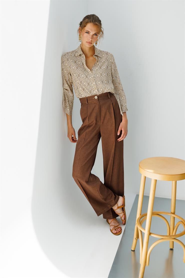 Modailgi  Yüksek Bel Pile Detaylı Palazzo Pantolon - 7914 Kahve