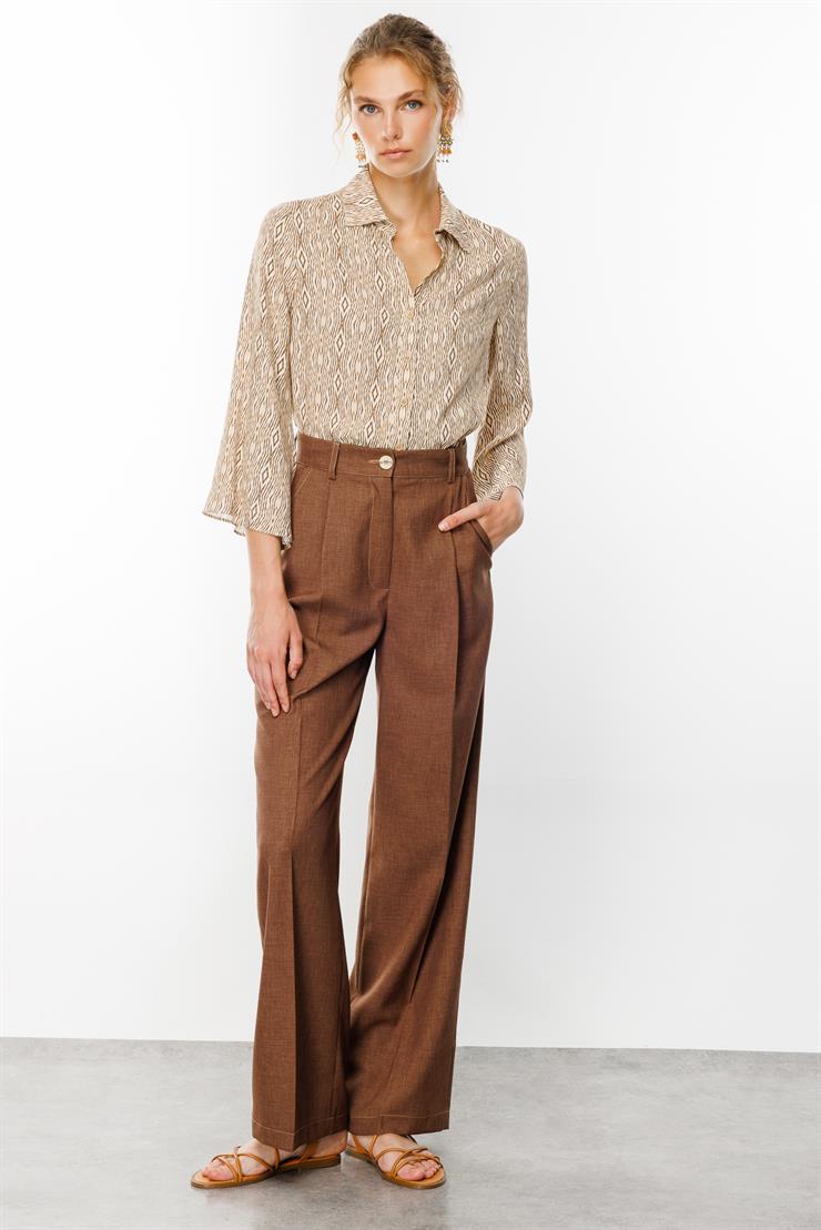 Modailgi  Yüksek Bel Pile Detaylı Palazzo Pantolon - 7914 Kahve