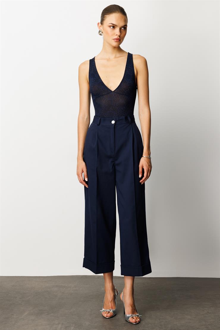 Modailgi  Yüksek Bel Pileli Bol Kesim Paçası Dubleli Pantolon - 70043 Lacivert