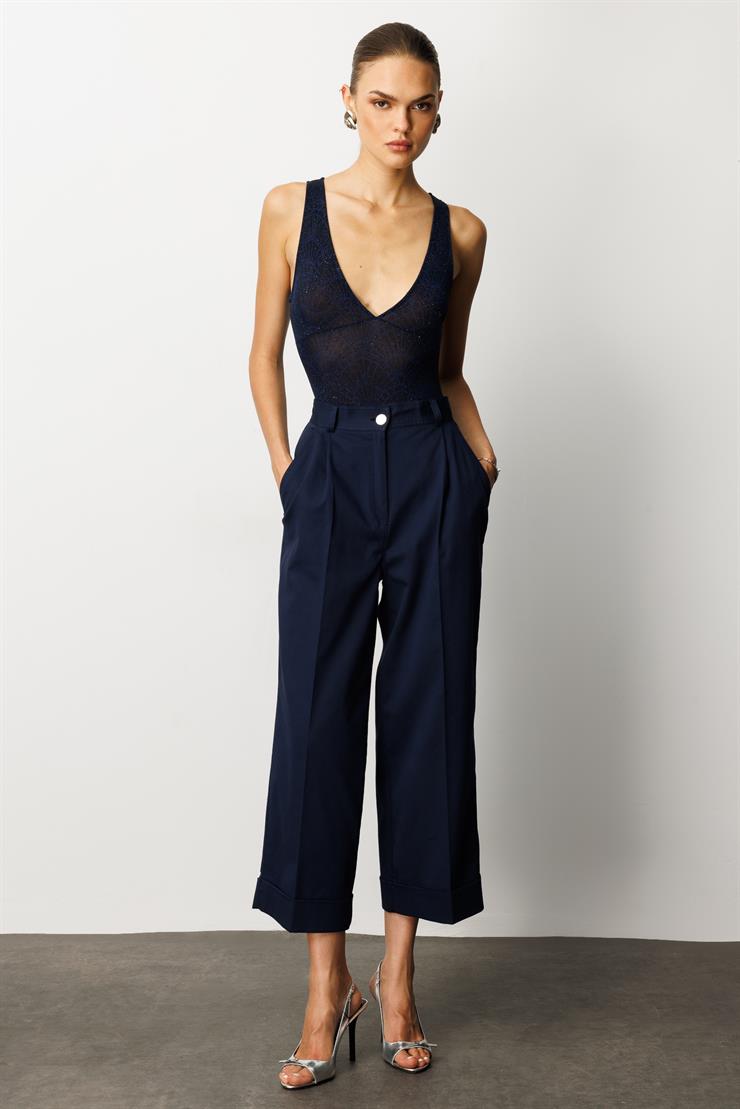 Modailgi  Yüksek Bel Pileli Bol Kesim Paçası Dubleli Pantolon - 70043 Lacivert