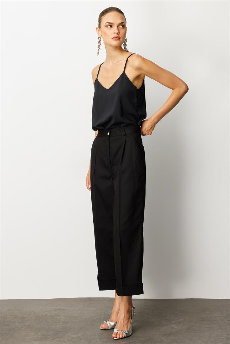 Modailgi  Yüksek Bel Pileli Bol Kesim Paçası Dubleli Pantolon - 70043 Siyah