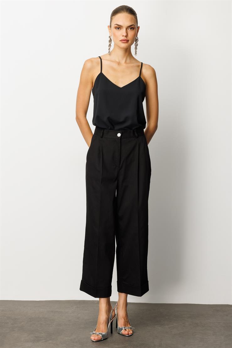 Modailgi  Yüksek Bel Pileli Bol Kesim Paçası Dubleli Pantolon - 70043 Siyah