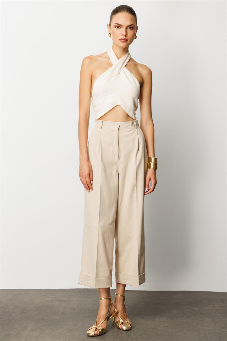 Modailgi  Yüksek Bel Pileli Bol Kesim Paçası Dubleli Pantolon - 70043 Taş