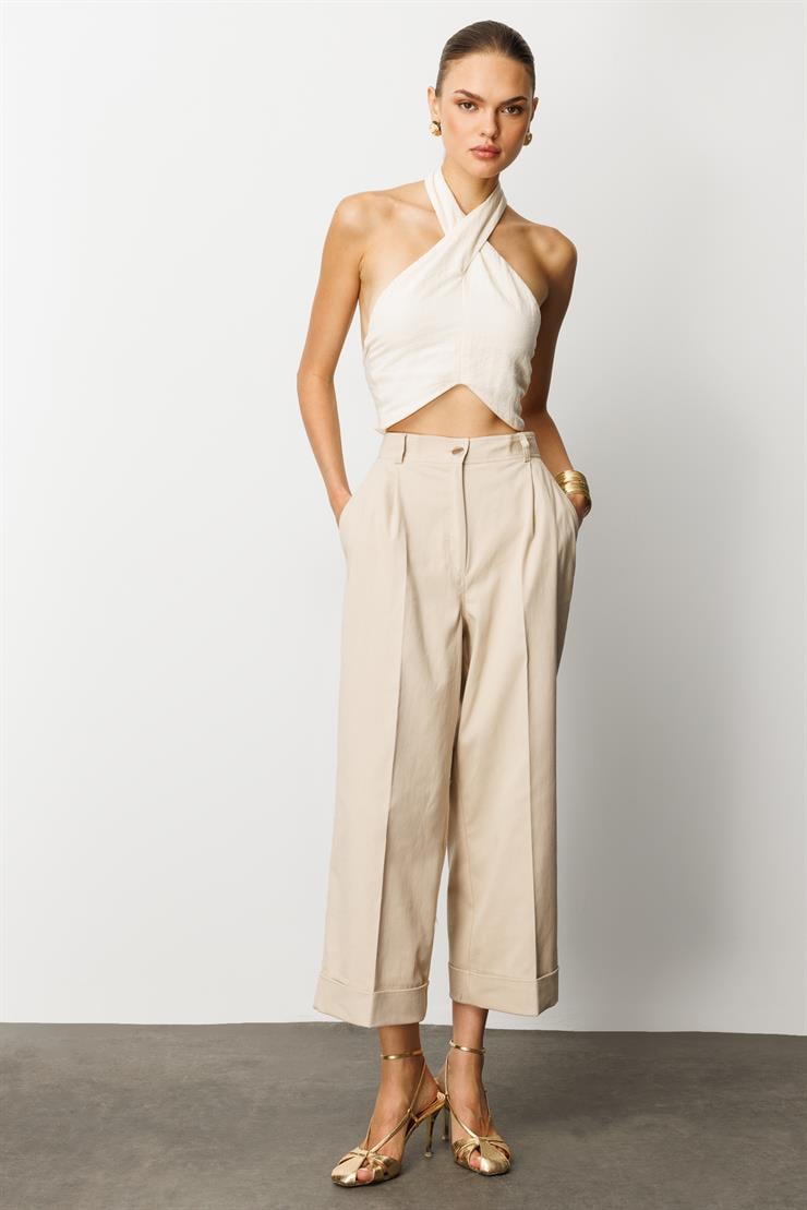 Modailgi  Yüksek Bel Pileli Bol Kesim Paçası Dubleli Pantolon - 70043 Taş