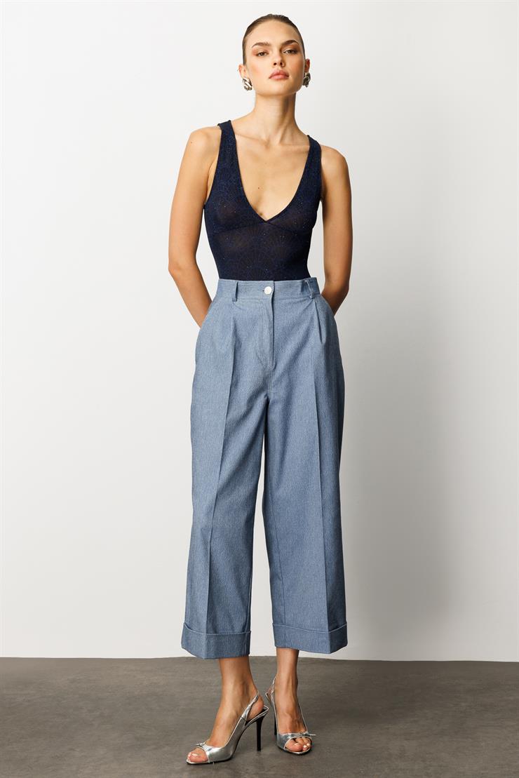 Modailgi  Yüksek Bel Pileli Bol Kesim Paçası Dubleli Pantolon - 70043 İndigo