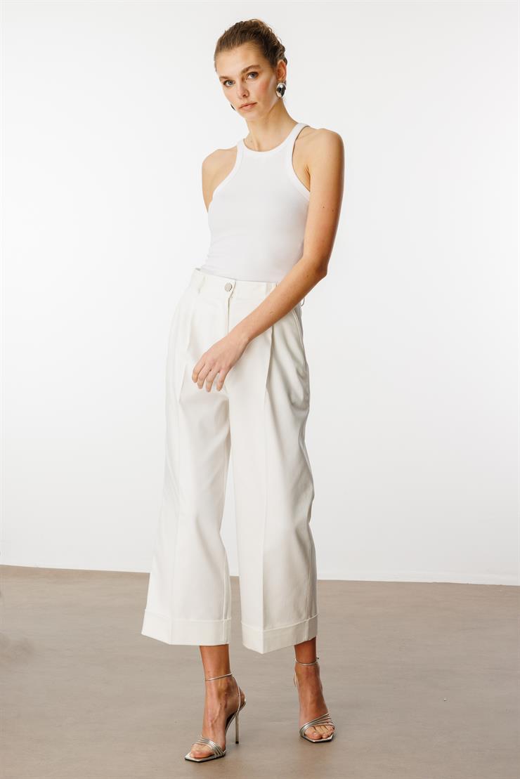 Modailgi  Yüksek Bel Pileli Bol Kesim Paçası Dubleli Pantolon - 70043 Ekru