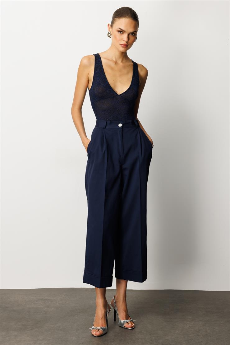 Modailgi  Yüksek Bel Pileli Bol Kesim Paçası Dubleli Pantolon - 70043 Lacivert